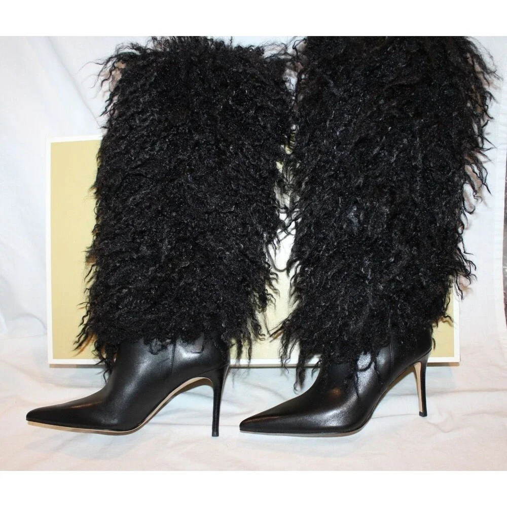 Michael Kors Women's Dawn Heeled Tall Fur Boots NEW $385 Black Sz 8